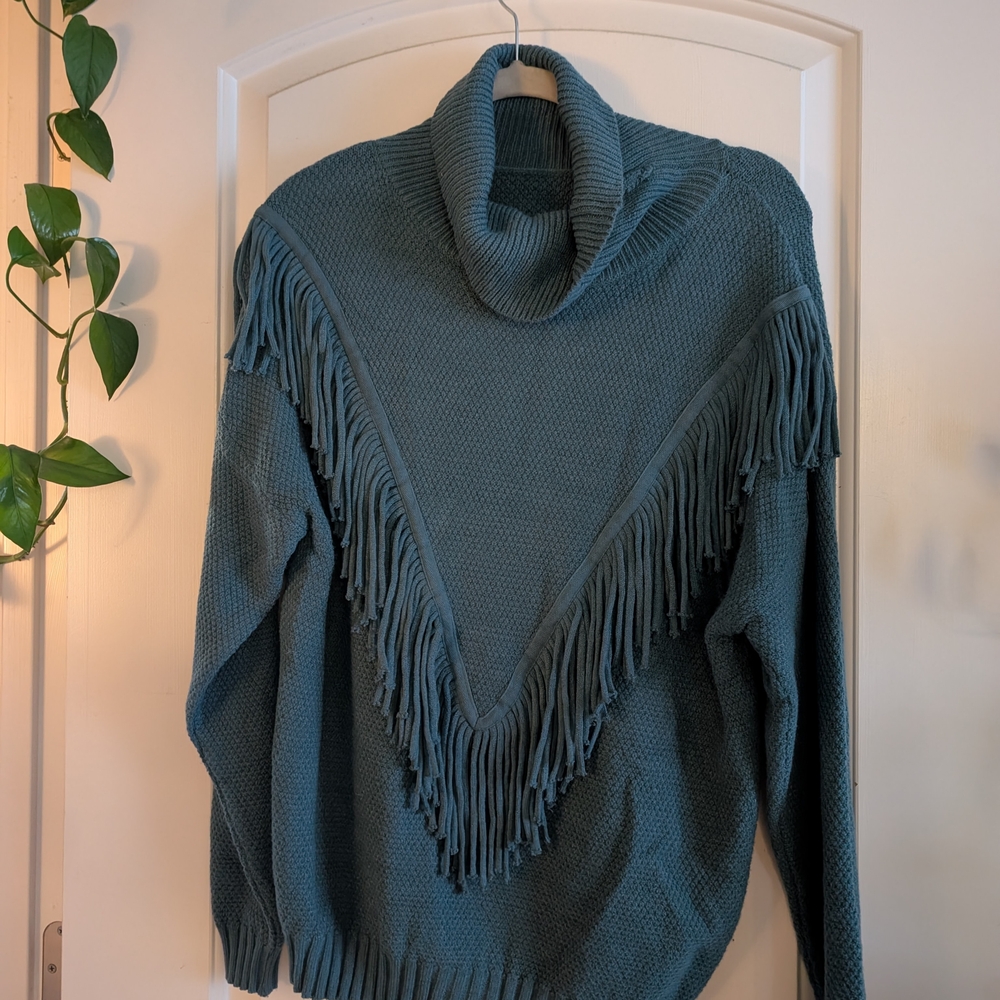 Fringe Cowl Neck Sweater - Teal